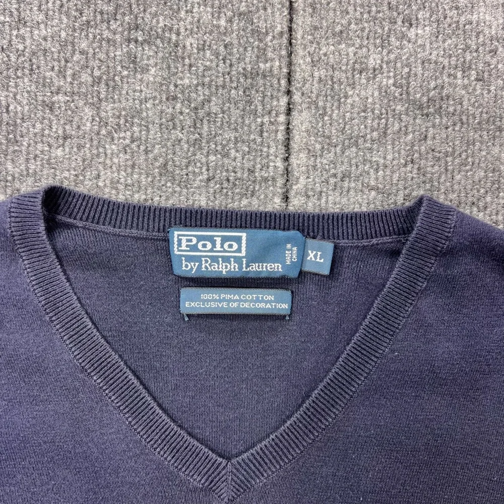 VTG Polo Ralph Lauren Mens XL V-Neck Sweater Dark Navy 100% Pima Cotton Red Pony